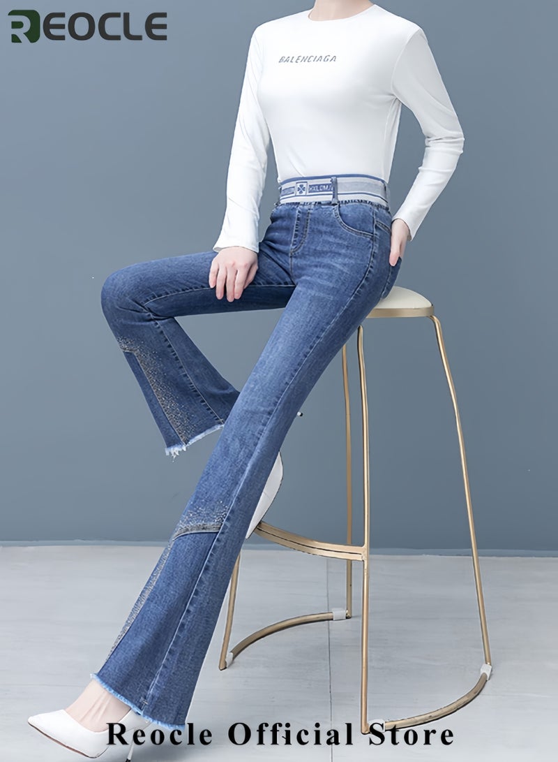 REOCLE Women's High Waist Flared Jeans Fashion Denim Jean for Women Full Length Streetwear Trousers Diamond Decoration Comfortable with Pockets Skinny Pants for Party Girls  - Image 2