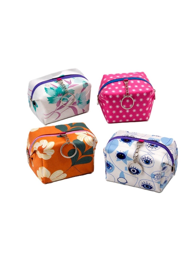 Mini Organizing Cosmetic Pouch Set of 4 with Zipper, Multi-Pattern Fabric Storage Bags
