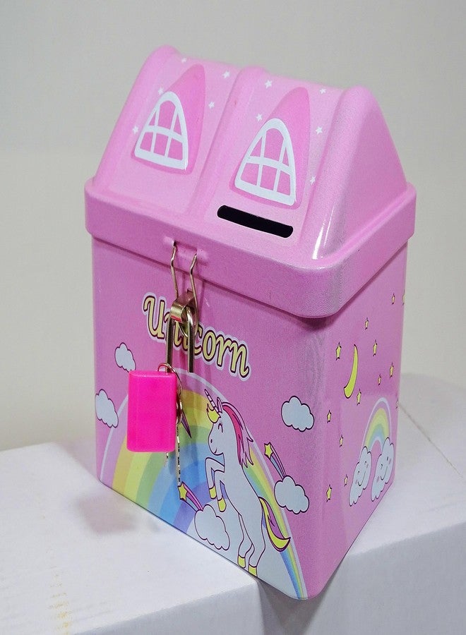 DISHVY® Combo of Pink and Blue Unicorn Design Hut Shape Piggy Bank |Includes Lock and Key|Unicorn Coin Bank | Money Box| Gullak for Kids|Birthday Party Return Gift - Image 2