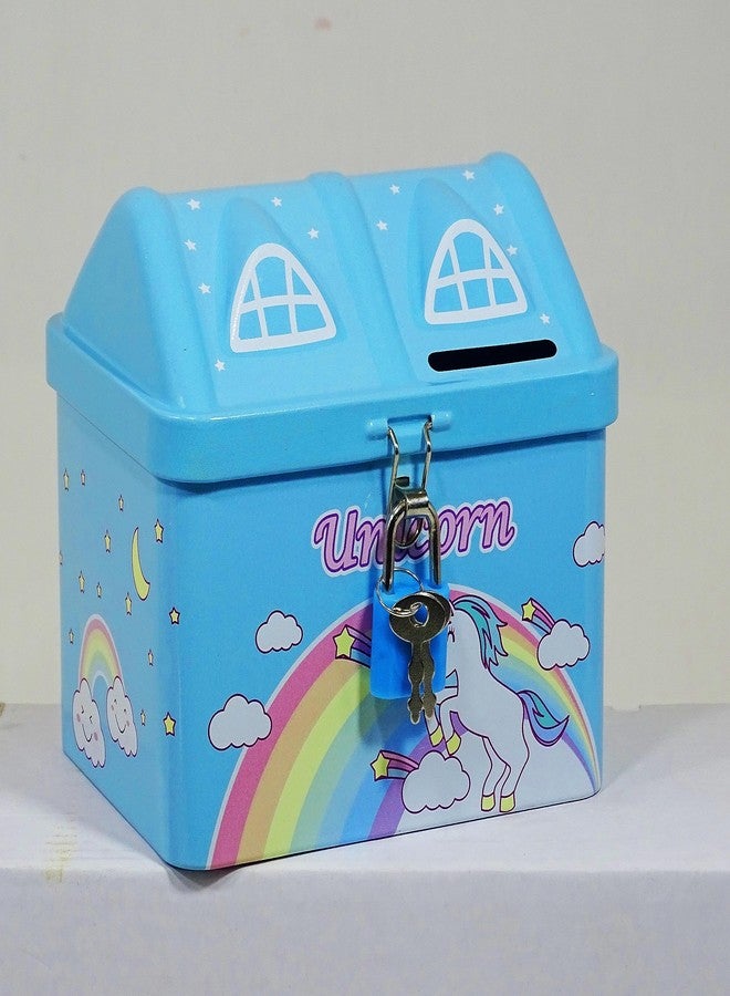 DISHVY® Combo of Pink and Blue Unicorn Design Hut Shape Piggy Bank |Includes Lock and Key|Unicorn Coin Bank | Money Box| Gullak for Kids|Birthday Party Return Gift - Image 3