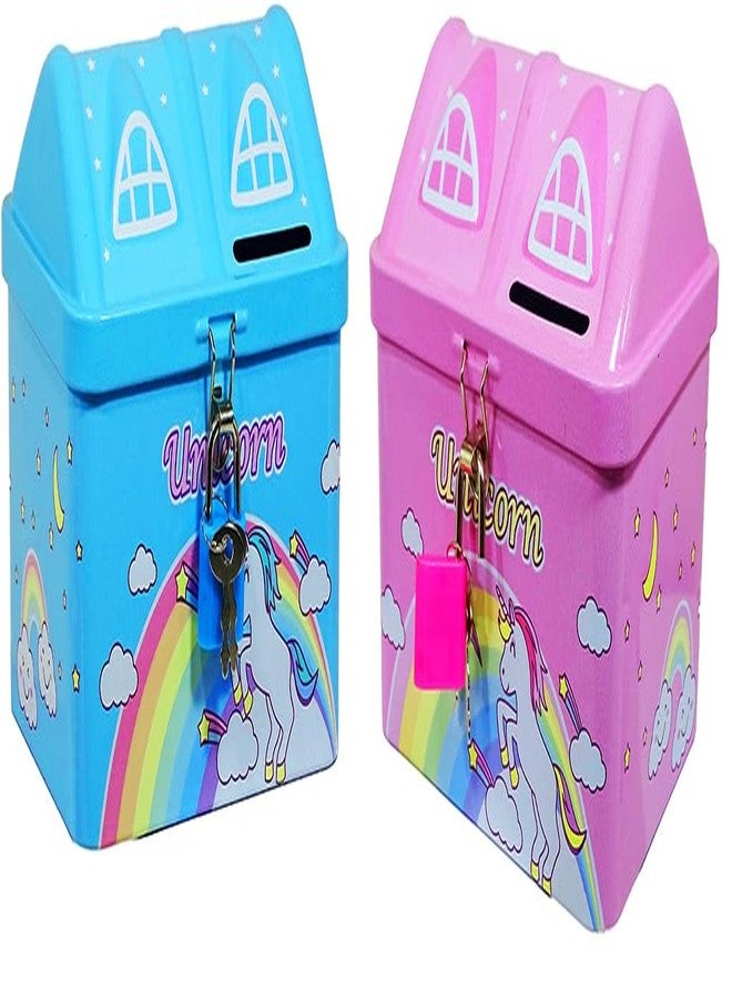 DISHVY® Combo of Pink and Blue Unicorn Design Hut Shape Piggy Bank |Includes Lock and Key|Unicorn Coin Bank | Money Box| Gullak for Kids|Birthday Party Return Gift - Image 1