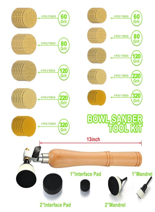 MAXMAN Bowl Sander Kit, Sanding Block, Wood Lathe Tools with 50Pcs Hook & Loop Sanding Discs+ 1" & 2" Backing Plates and Foam Interface Pads, 13" Long Hardwood Handle and Dual Bearing Head for Woodworking - Image 2