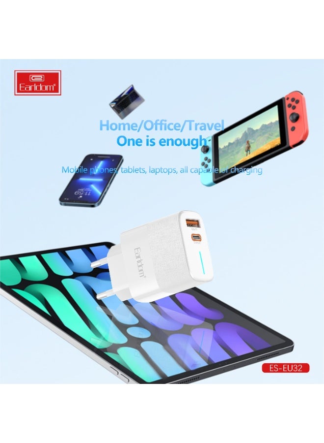 Earldom Fast Charger Adapter Wall Charger EU32 - USB / USB Type C QC 3.0 PD (EU) 38W- White - Image 3