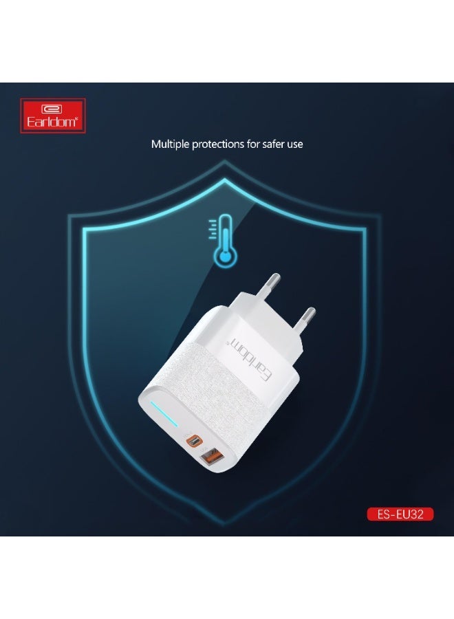 Earldom Fast Charger Adapter Wall Charger EU32 - USB / USB Type C QC 3.0 PD (EU) 38W- White - Image 2