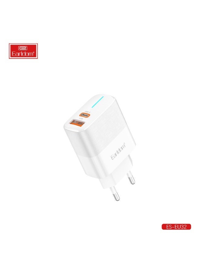 Earldom Fast Charger Adapter Wall Charger EU32 - USB / USB Type C QC 3.0 PD (EU) 38W- White - Image 1