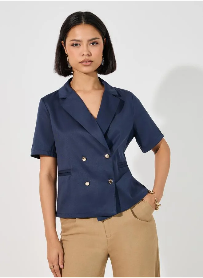 Styli Notch Lapel Collar Blazer Look Top with Button Detail
