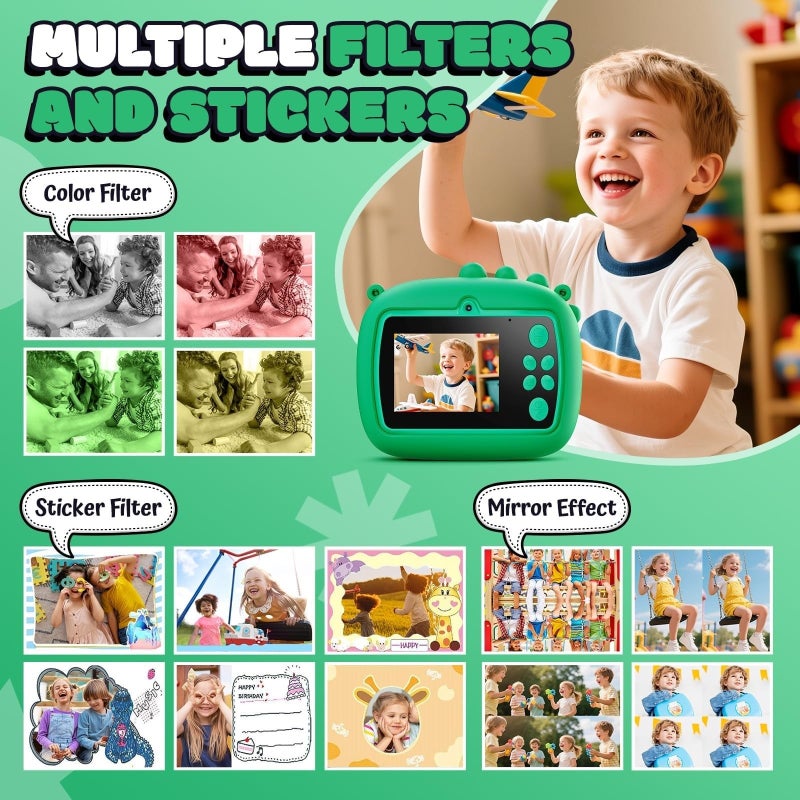 Kids Camera Instant Print, Dual-Lens FHD 1080P Digital Camera with 32GB Card and 3 Rollers Photo Paper (Green) - Image 4
