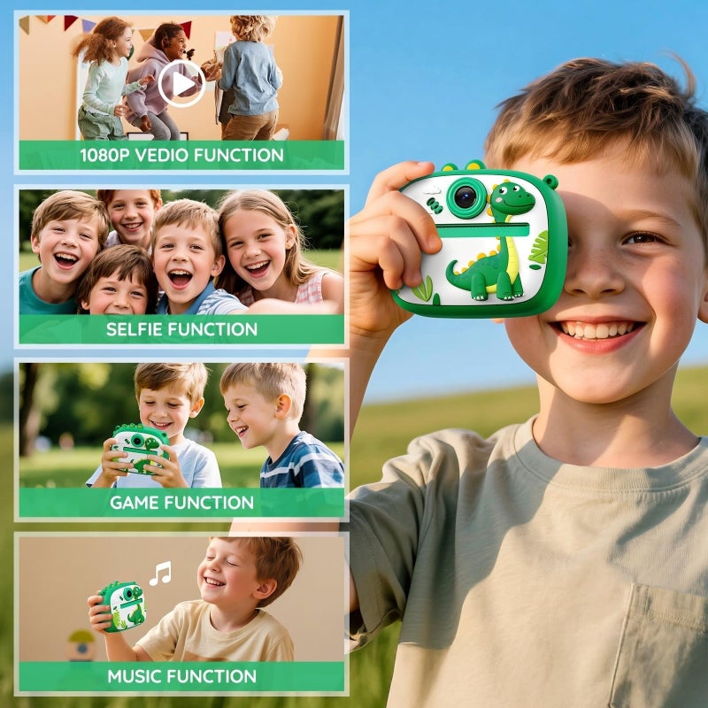 Kids Camera Instant Print, Dual-Lens FHD 1080P Digital Camera with 32GB Card and 3 Rollers Photo Paper (Green) - Image 3