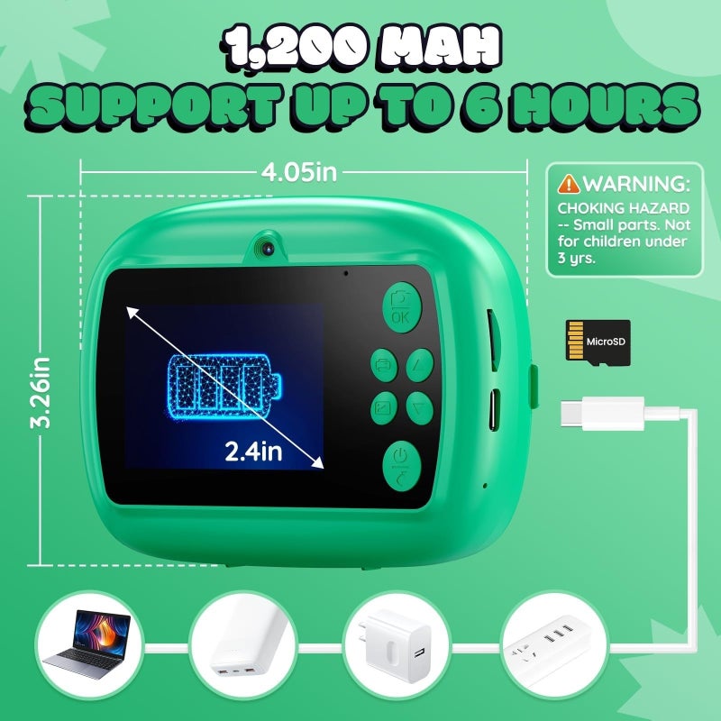 Kids Camera Instant Print, Dual-Lens FHD 1080P Digital Camera with 32GB Card and 3 Rollers Photo Paper (Green) - Image 5