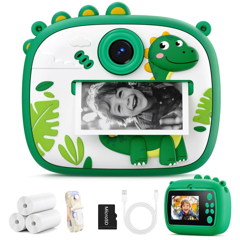Kids Camera Instant Print, Dual-Lens FHD 1080P Digital Camera with 32GB Card and 3 Rollers Photo Paper (Green) - Image 1