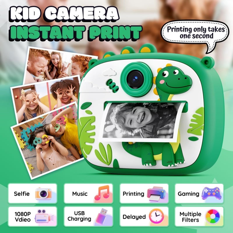 Kids Camera Instant Print, Dual-Lens FHD 1080P Digital Camera with 32GB Card and 3 Rollers Photo Paper (Green) - Image 2
