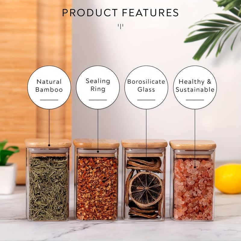ClearSpace Spice Jars with Airtight Bamboo Lid – 270ml Square Glass Jars for Kitchen Storage | Set of 12 Seasoning Containers for Salt, Sugar, Spices, Coffee Beans & More - Image 3