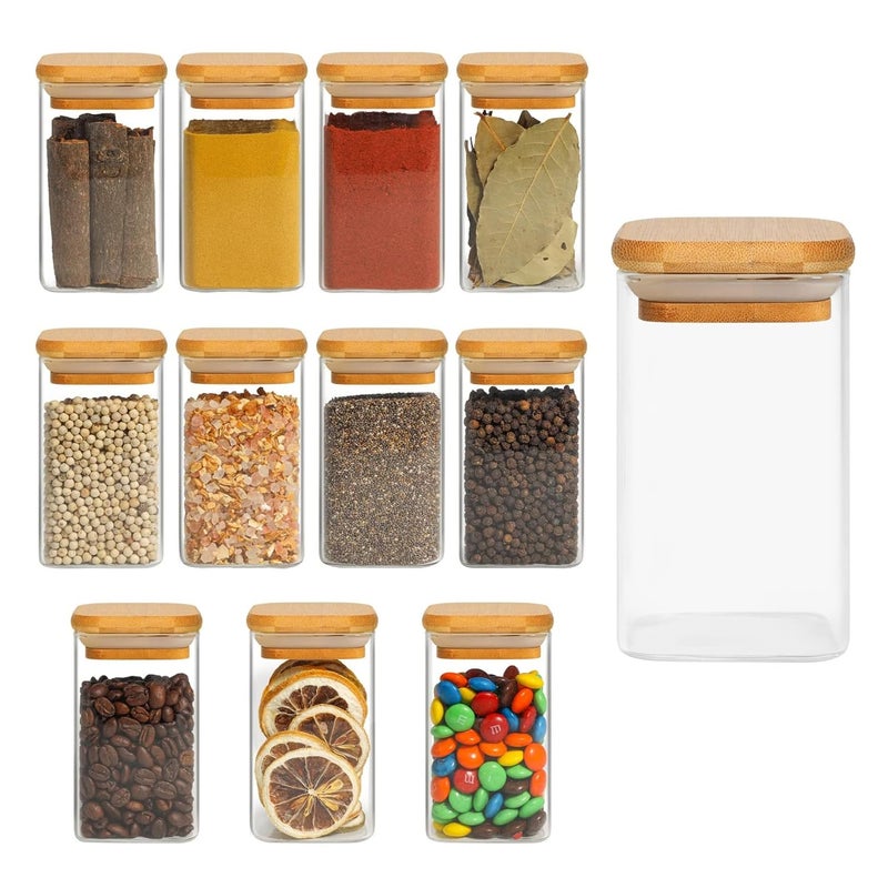 ClearSpace Spice Jars with Airtight Bamboo Lid – 270ml Square Glass Jars for Kitchen Storage | Set of 12 Seasoning Containers for Salt, Sugar, Spices, Coffee Beans & More - Image 1