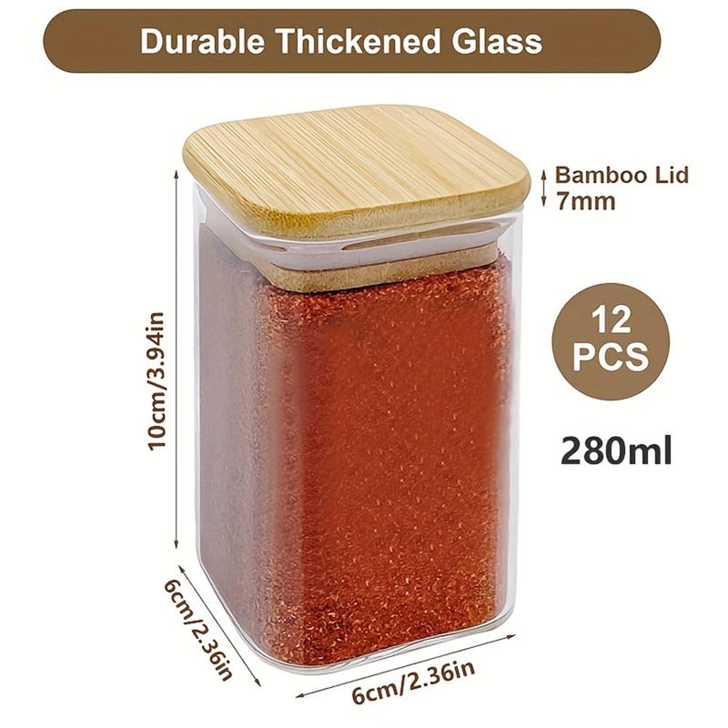 ClearSpace Spice Jars with Airtight Bamboo Lid – 270ml Square Glass Jars for Kitchen Storage | Set of 12 Seasoning Containers for Salt, Sugar, Spices, Coffee Beans & More - Image 5