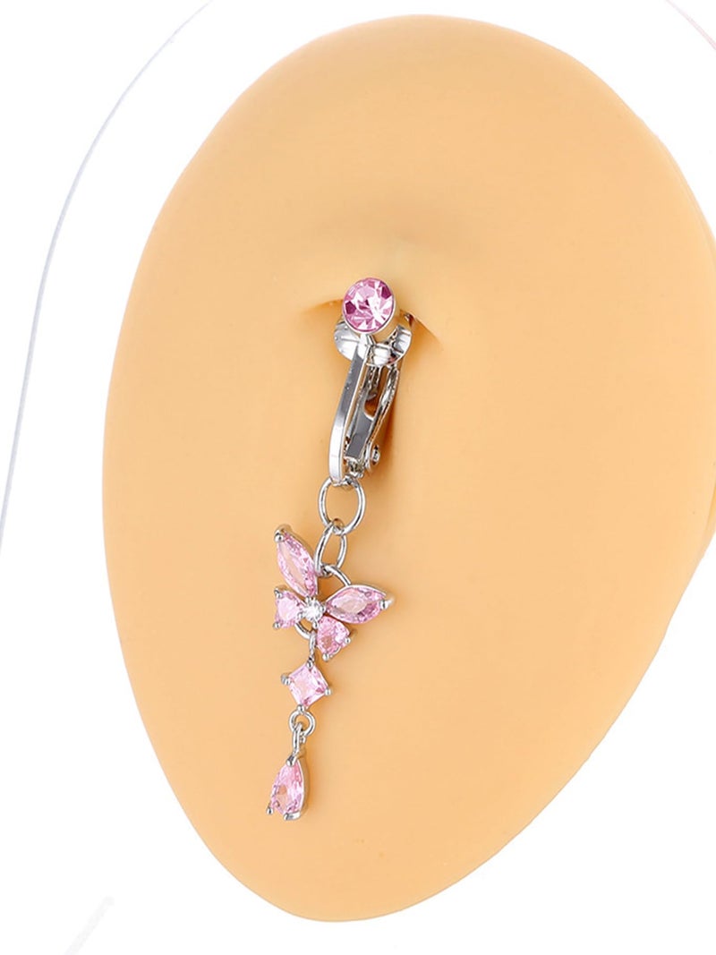 QWALIT Fake Belly Button Ring Clip on Belly Rings Fake Belly Button Piercing Jewelry Heart Butterfly Pink Faux Fake Belly Piercings Dangling non Piercing Navel Ring - Image 3
