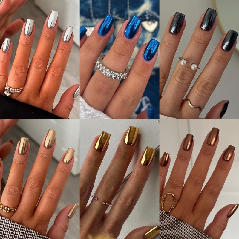 KQueenest 6 Packs Chrome Press On Nails Short Medium, KQueenest Acrylic Press On Nails Square, Short Fake Nails Press Ons, Metallic Glitter Glue on Nails Stick On Nails for Women Birthday Party Gift in 144 Pcs - Image 1