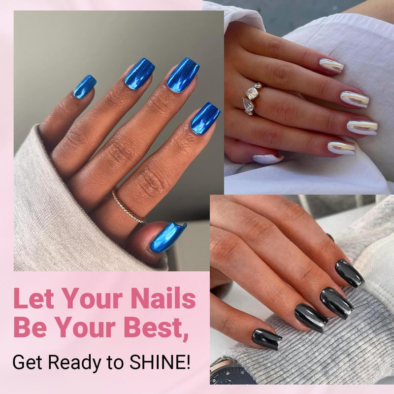 KQueenest 6 Packs Chrome Press On Nails Short Medium, KQueenest Acrylic Press On Nails Square, Short Fake Nails Press Ons, Metallic Glitter Glue on Nails Stick On Nails for Women Birthday Party Gift in 144 Pcs - Image 3