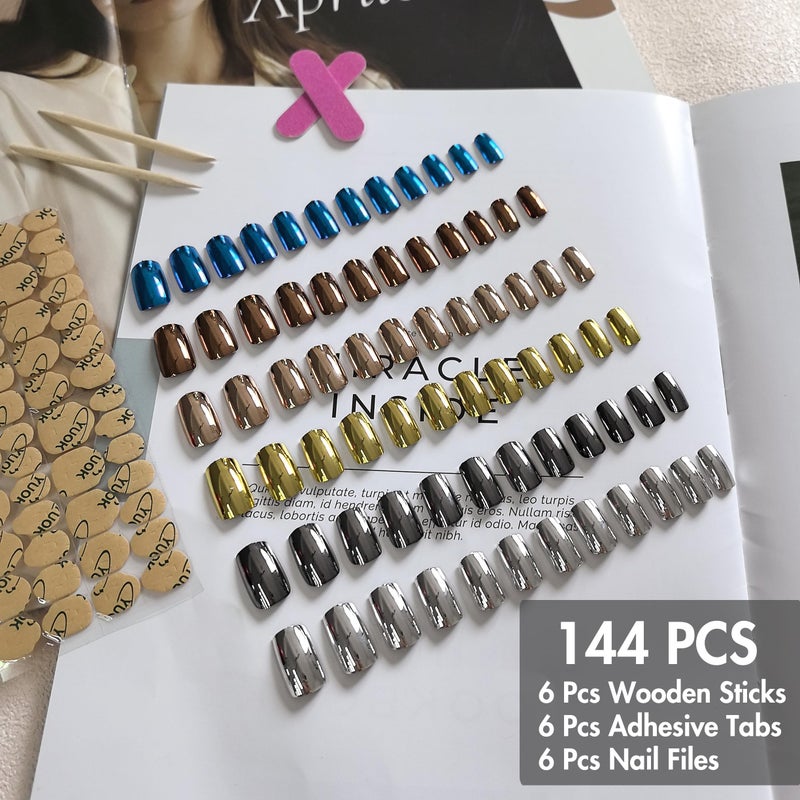 KQueenest 6 Packs Chrome Press On Nails Short Medium, KQueenest Acrylic Press On Nails Square, Short Fake Nails Press Ons, Metallic Glitter Glue on Nails Stick On Nails for Women Birthday Party Gift in 144 Pcs - Image 4