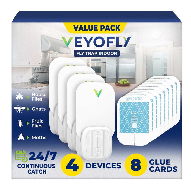VEYOFLY Fly Trap Indoor, Fruit Fly Traps for Indoors, (4 Device + 8 Refills) Gnat Traps for House Indoor, Fly Catcher Indoor, Plug in Light Flying Insect Trap, Bug Light Killer, Fly Trap - Image 1