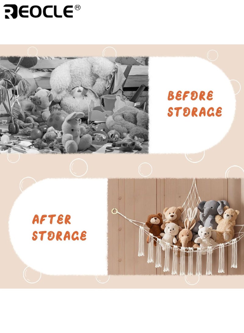 ريوكل شبكة تخزين محمولة للدمى المحشوة منظّم معلق كبير للزوايا بحلقات خشبية لألعاب البِلْش لتزيين الحضانة وغرفة النوم (100x100x150 سم) - Image 4