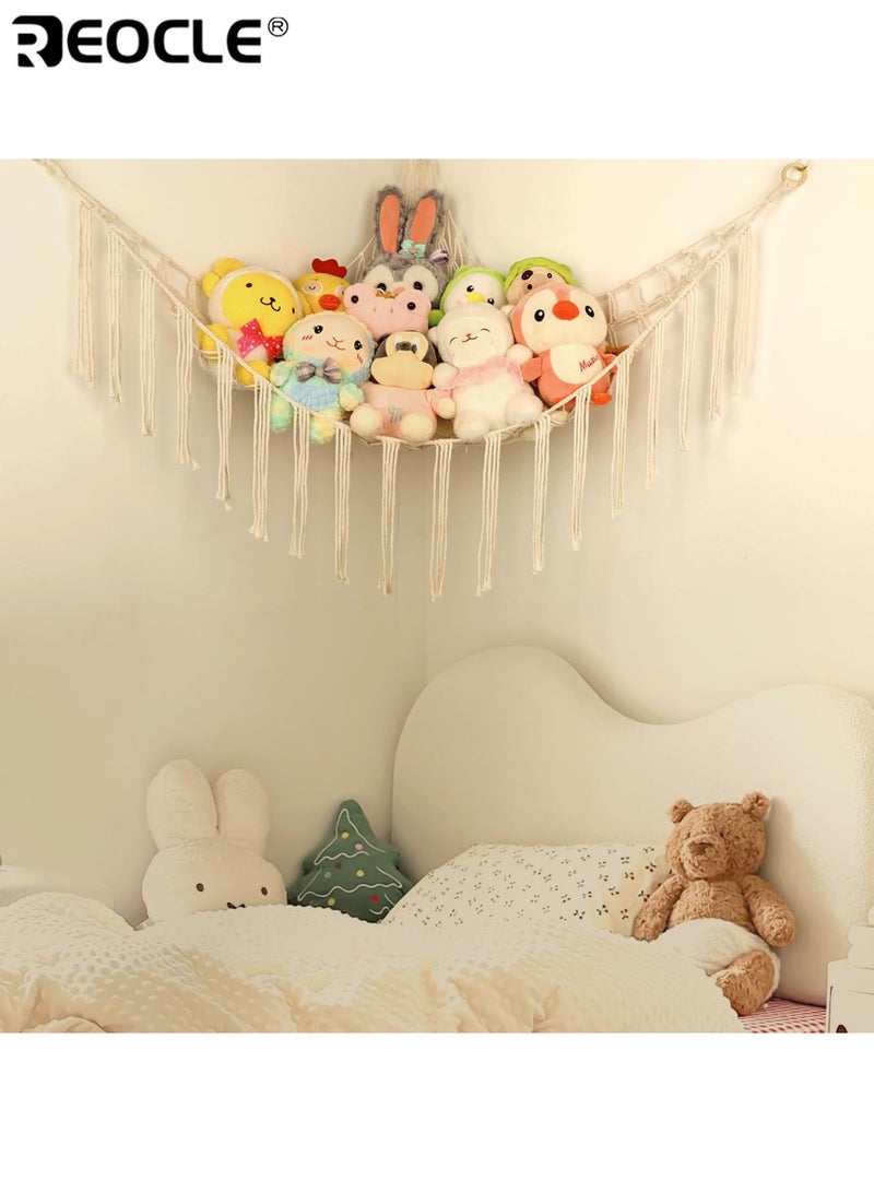 ريوكل شبكة تخزين محمولة للدمى المحشوة منظّم معلق كبير للزوايا بحلقات خشبية لألعاب البِلْش لتزيين الحضانة وغرفة النوم (100x100x150 سم) - Image 2
