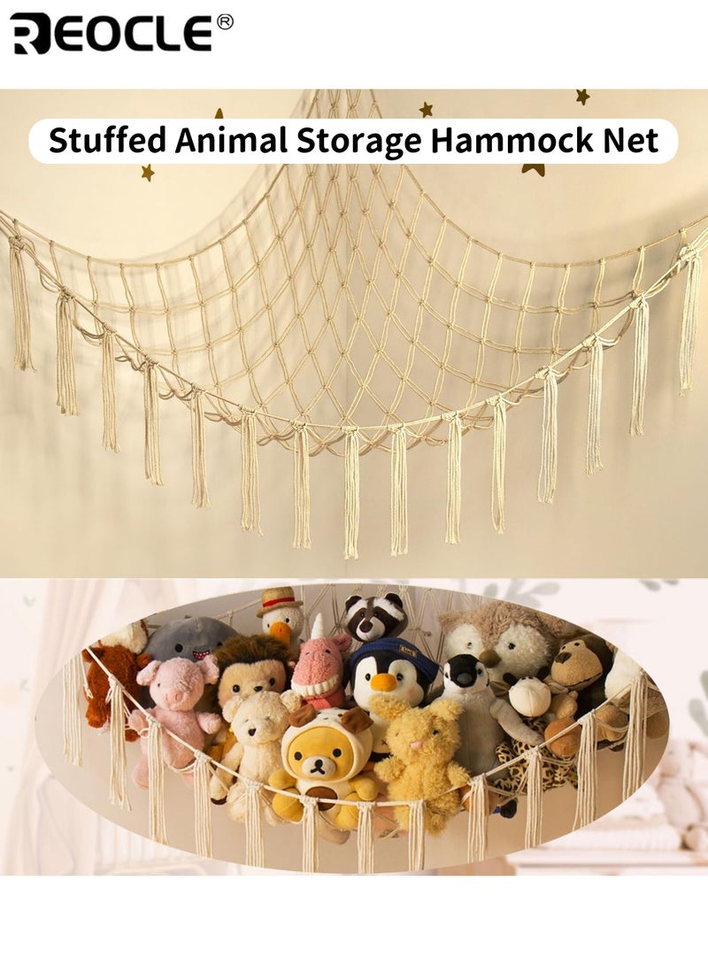 ريوكل شبكة تخزين محمولة للدمى المحشوة منظّم معلق كبير للزوايا بحلقات خشبية لألعاب البِلْش لتزيين الحضانة وغرفة النوم (100x100x150 سم) - Image 1