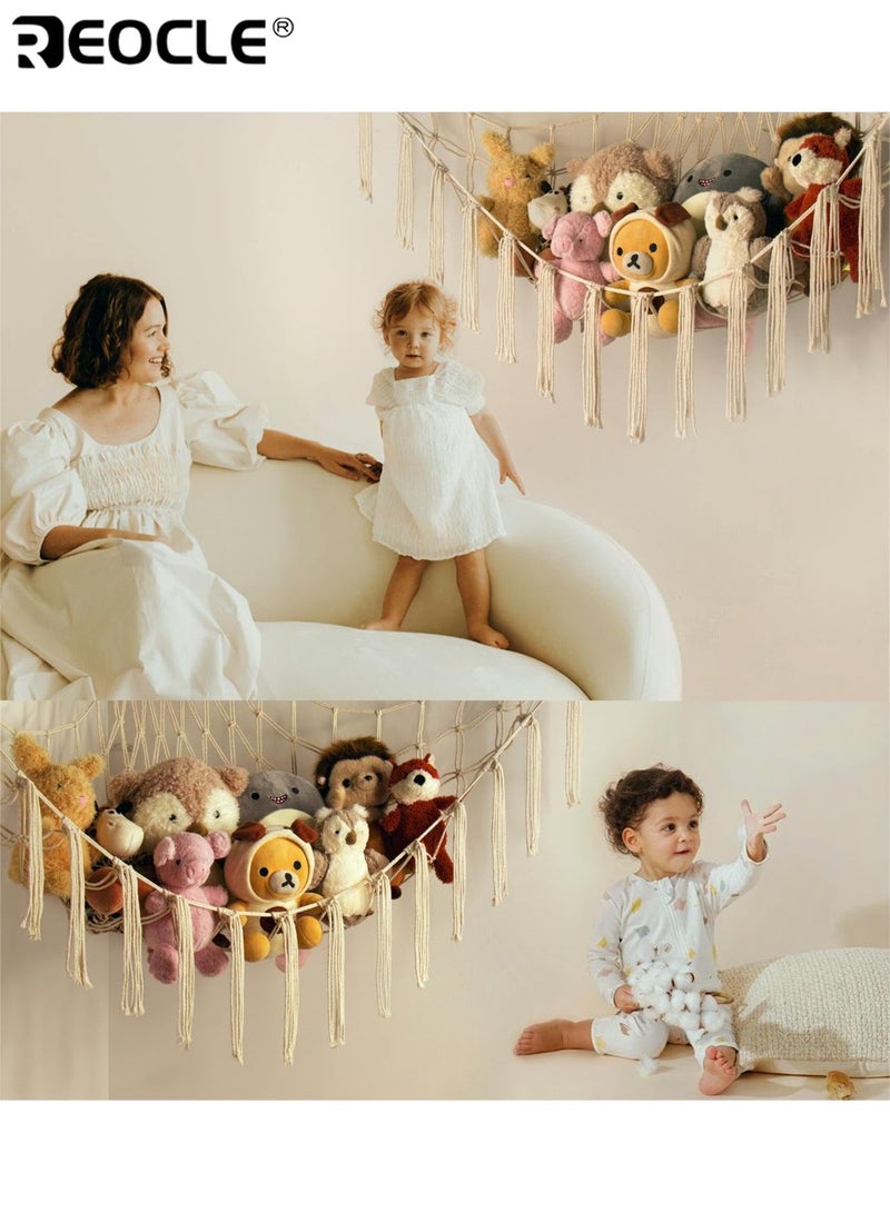 ريوكل شبكة تخزين محمولة للدمى المحشوة منظّم معلق كبير للزوايا بحلقات خشبية لألعاب البِلْش لتزيين الحضانة وغرفة النوم (100x100x150 سم) - Image 5