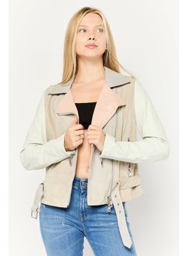 Women Colorblock Motorcycle Jacket, Grey Combo