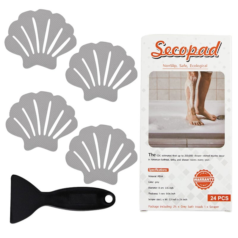 Secopad NonSlip Bathtub Stickers 24 PCS Shell Safety Bathroom Tubs Showers Treads Adhesive Decals Scraper Gray