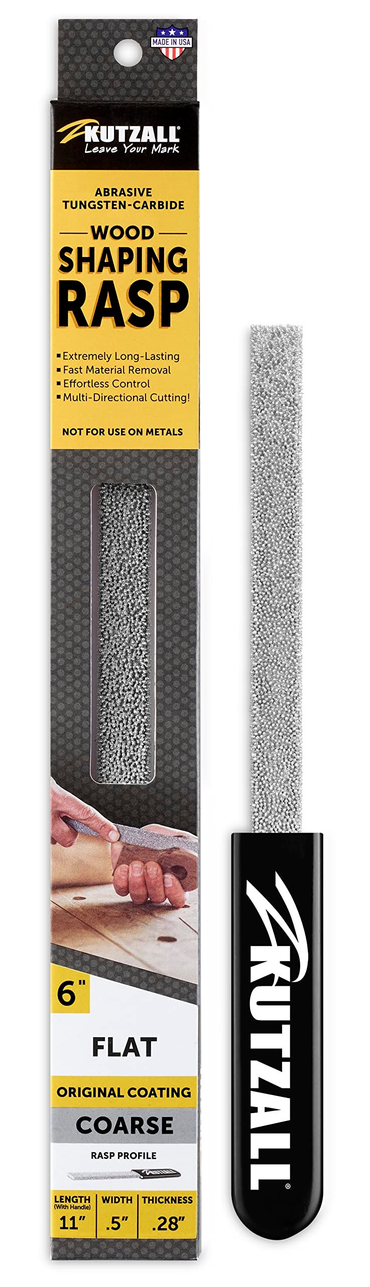 Kutzall Original 6" Flat Hand Rasp - Coarse, Wood Rasp/File Used for Woodworking & Shaping, W/Ergonomic Soft Grip Handle, Abrasive Tungsten Carbide Coating - 11" (279.4mm) Overall Length - FT6330 - Image 1