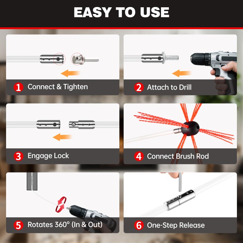 Morinoli مجموعة تنظيف المدخنة مورينولي بطول 20 قدم، نظام قفل زر الكروم، مجموعة تنظيف المدخنة، فرشاة المدخنة، أداة تنظيف المدخنة، نظام تنظيف المدخنة مع 6 قضبان مرنة للمدخنة - Image 5