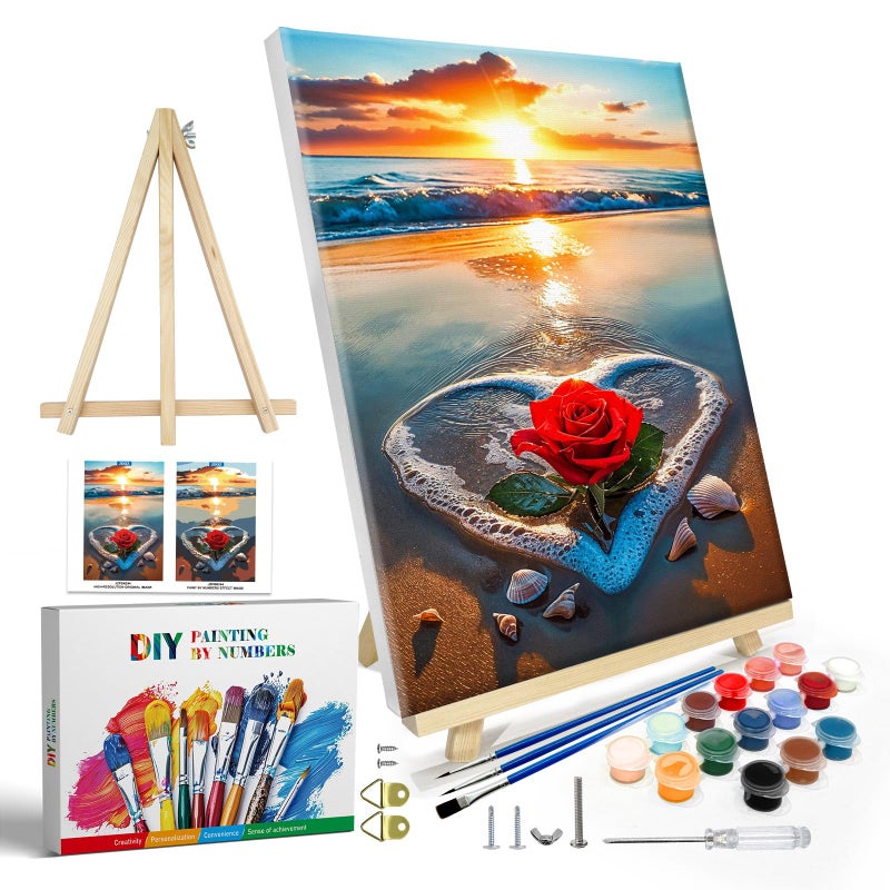 JOOZ Paint by Numbers Kit for Adults with Frame, Beach Sunset Paint by Number with Easel, DIY Beach Rose Oil Painting by Number, Easy Adult Paint by Number Kits on Canvas for Wall Decor 8 x 12 Inch - Image 1