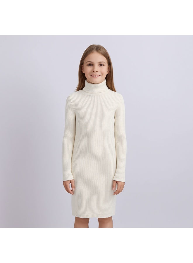 فستان سويت شيرت بياقة مدورة مضلعة للبنات، مصنوع من مادة محبوكة ناعمة، مناسب لوزن من 20 إلى 50 كجم