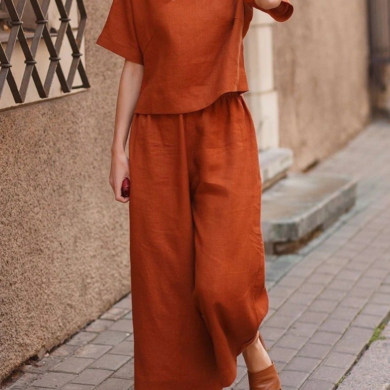 Amazon cross-border spring and summer plus size loose chubby girl temperament casual solid color short sleeve sports suit foreign trade wholesale orange red