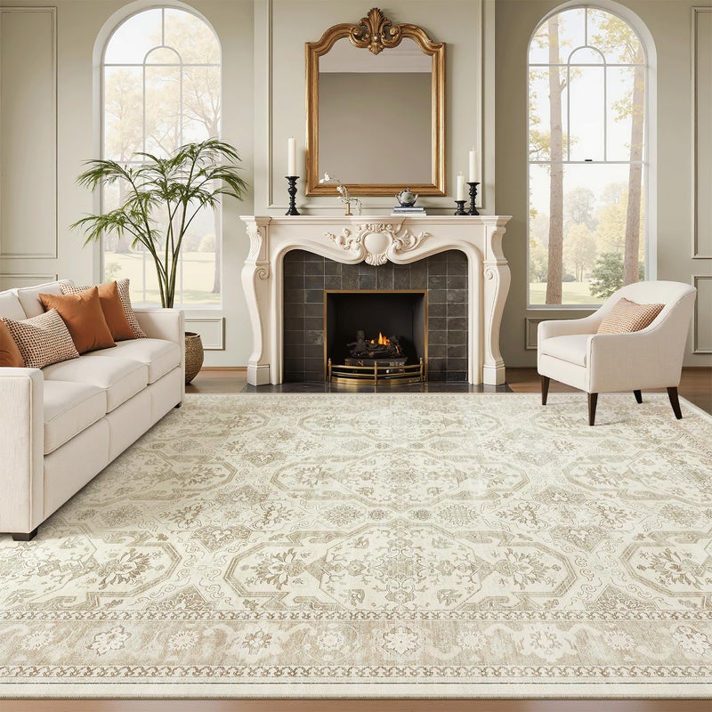 Soalmost 8x10 Area Rugs, Washable Rugs, Large Stain Resistant Beige Area Rug for Living Room Bedroom Dining Room, Vintage Farmhouse Rug - Image 2
