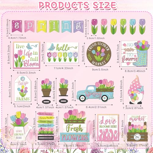 Ziliny 26 Pcs Spring Tiered Tray Decor Hello Spring Flower Gnome Truck Fresh Style Wooden Centerpiece Table Decor Easter Wood Sign for Home Farmhouse Rustic Decoration - Image 3