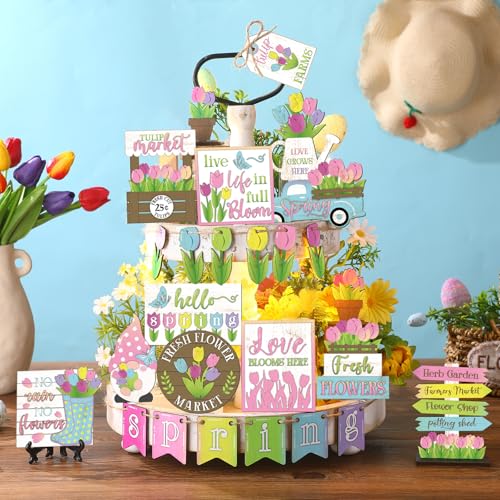 Ziliny 26 Pcs Spring Tiered Tray Decor Hello Spring Flower Gnome Truck Fresh Style Wooden Centerpiece Table Decor Easter Wood Sign for Home Farmhouse Rustic Decoration - Image 1