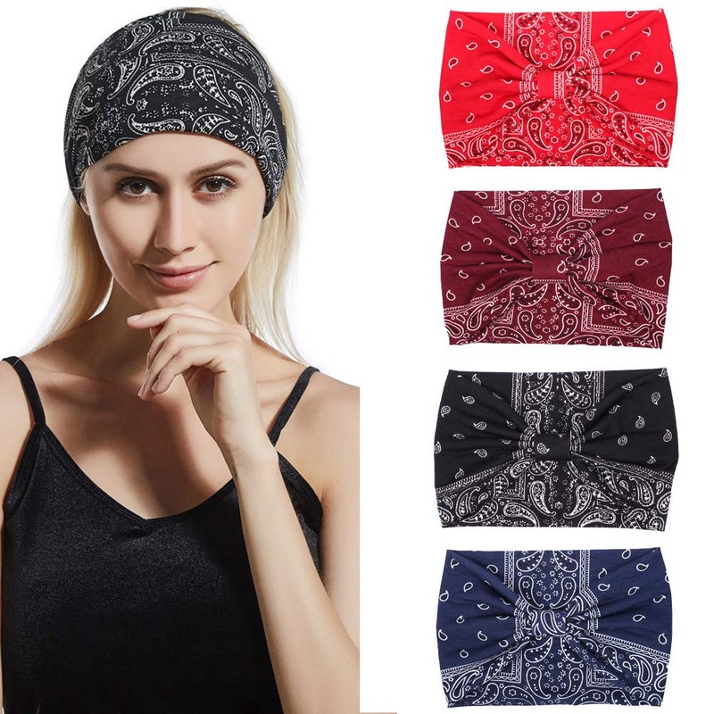 DINPREY Assorted Paisley Print Wide Bandana Knot Headbands Criss Cross Head Wrap Hair Band 4 Colors Pack C