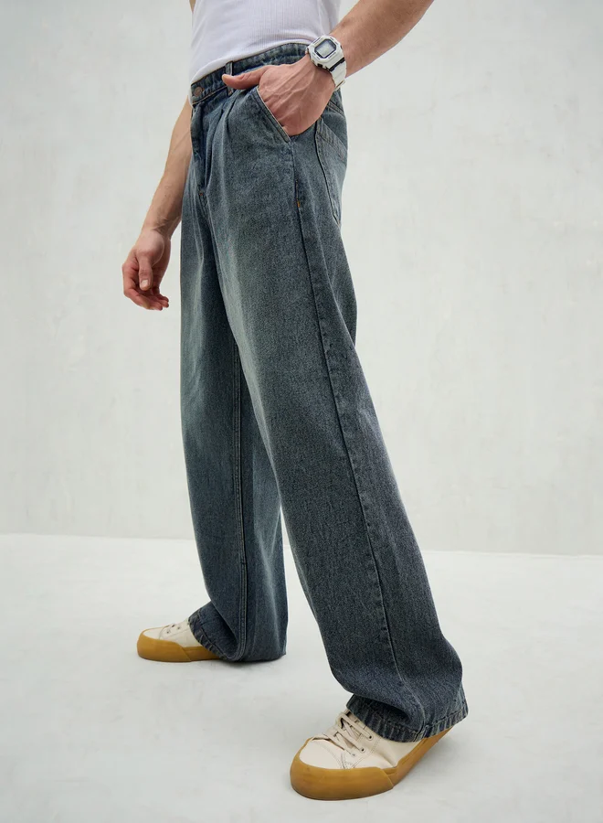 SASSAFRAS Men Blue Mid Rise Washed Front Dart Wide Leg Jeans