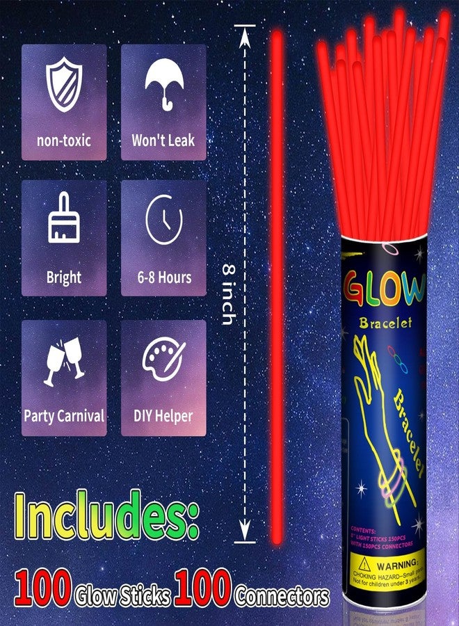 Taikula 100 Pack 8” Red Glow Sticks Bulk with 100 Connectors Neon Glow In The Dark Party favors Supplies for Holiday Birthday Party Decoration (Red) - Image 2