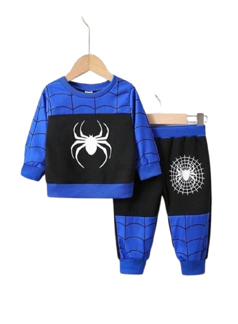 Young Boy 2-Piece Casual Spider Print Long-Sleeved Hooded Sweatshirt And Spider Web Print Trousers - Blue