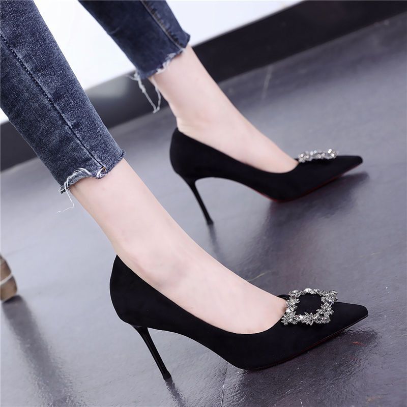 Z High Heels Women's 2024 New Autum Black Versatile Pointed Toe Women's Shoes Stiletto Heel Rhinestone Square Buckle Shallow Mouth Flats - Image 3