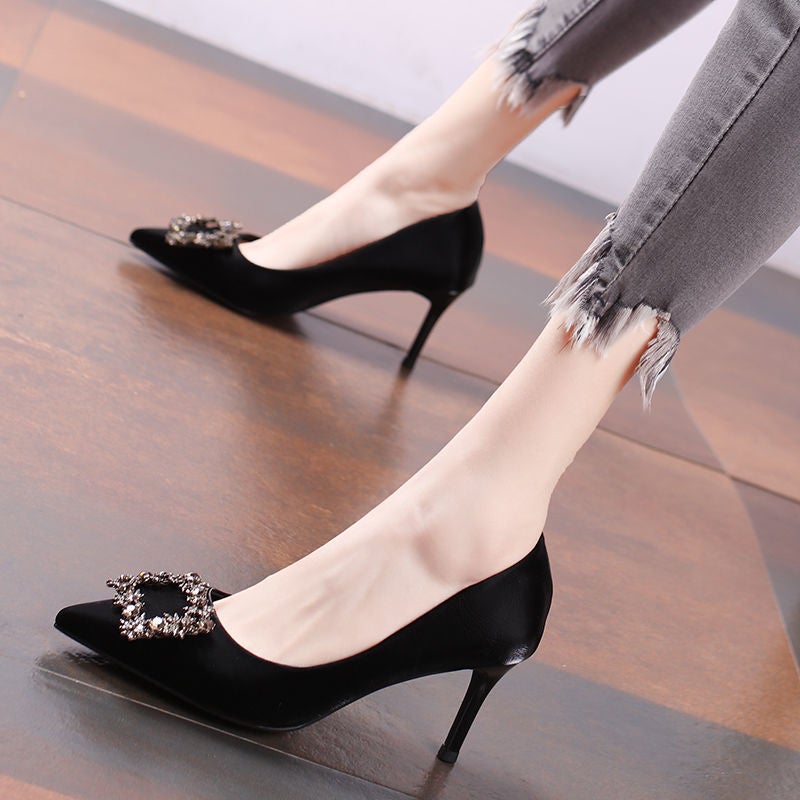 Z High Heels Women's 2024 New Autum Black Versatile Pointed Toe Women's Shoes Stiletto Heel Rhinestone Square Buckle Shallow Mouth Flats - Image 4
