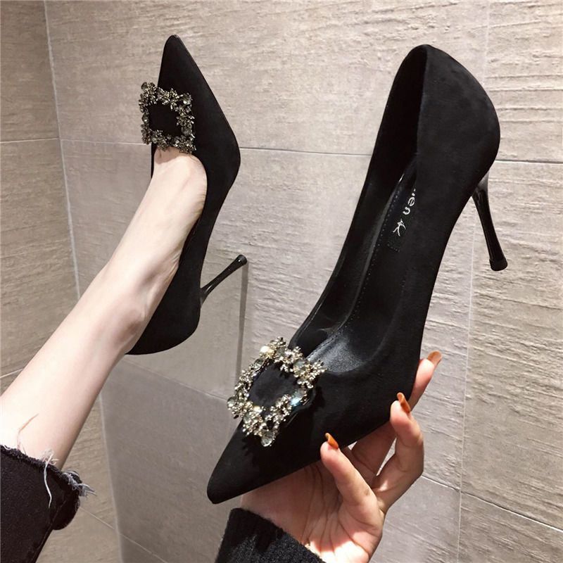 Z High Heels Women's 2024 New Autum Black Versatile Pointed Toe Women's Shoes Stiletto Heel Rhinestone Square Buckle Shallow Mouth Flats - Image 5