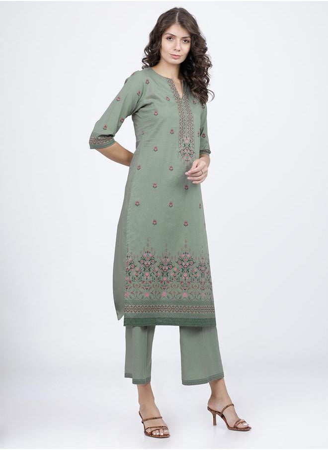Vishudh Women Green Printed Cotton Kurta and Palazzo Set by Styli  - Image 5