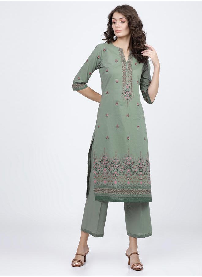 Vishudh Women Green Printed Cotton Kurta and Palazzo Set by Styli  - Image 1