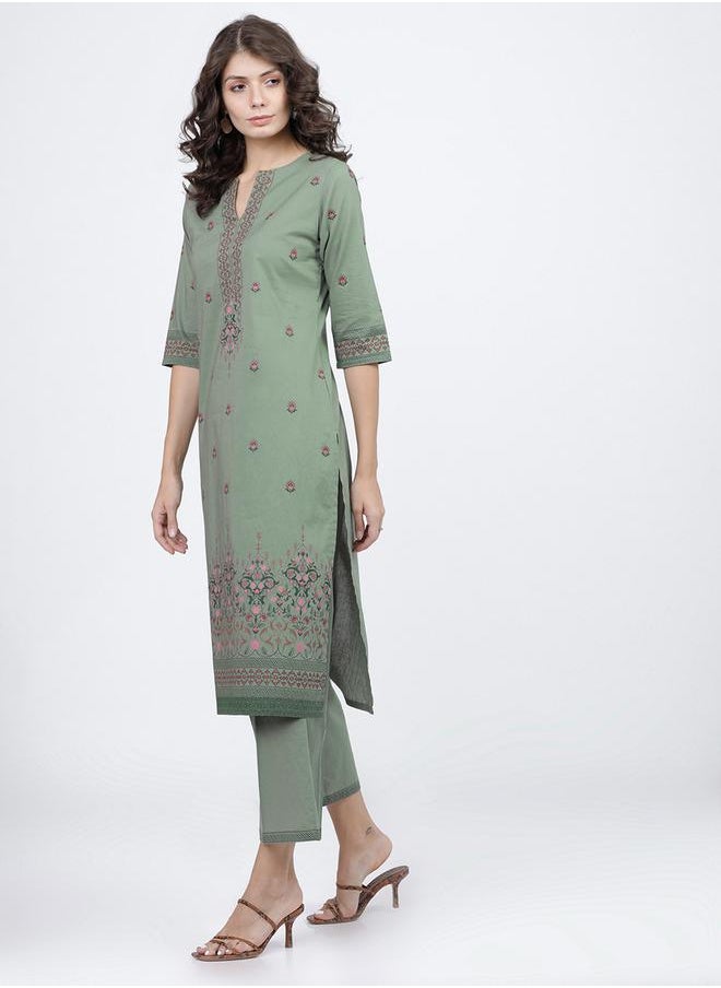 Vishudh Women Green Printed Cotton Kurta and Palazzo Set by Styli  - Image 2