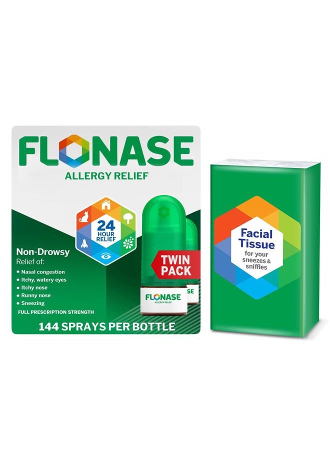 FLONASE Allergy Relief Nasal Spray, 24-Hour Non-Drowsy Multi-Symptom Relief – 144 Sprays (Pack of 2) plus Bonus Pack of Tissues - Image 1