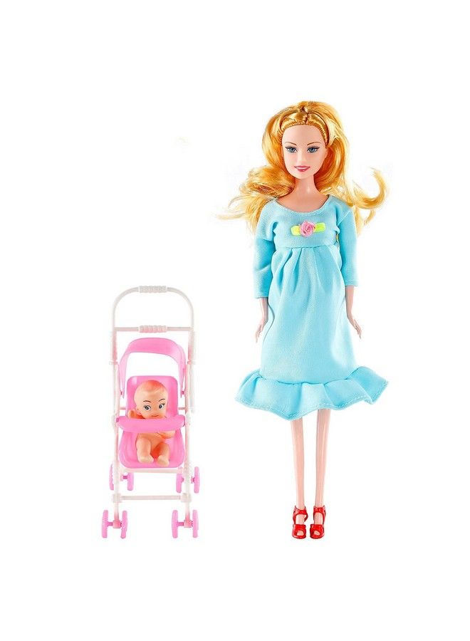 Funpa Pregnant Doll Have A Baby In Her Tummy Mom Doll Pregnant Mom Toy With Baby Doll Trolley (Blue) - Image 2