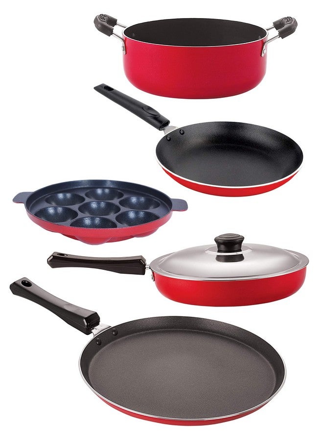 Nirlon Nirlon 5 Piece Flat Base Non-Stick Coated Kitchen Essential Combo Item Set with Steel Lid - Image 1